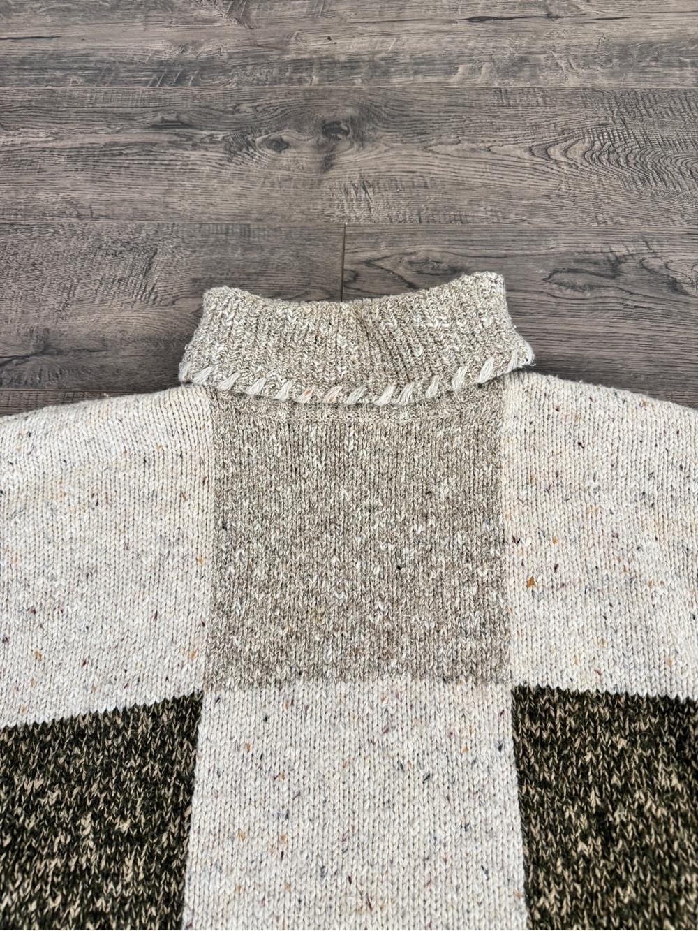 Patchwork Knit Cowl Neck Sweater in Cream and Olive - Picture 4 of 7